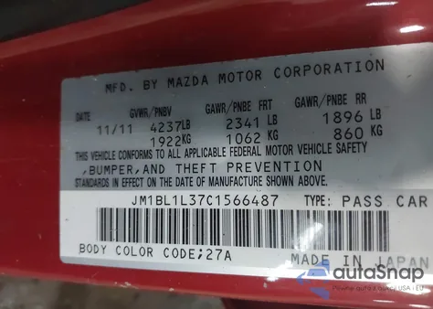 2012 Mazda Mazdaspeed3 Touring из США, поврежденный, VIN JM1BL1L37C1566487